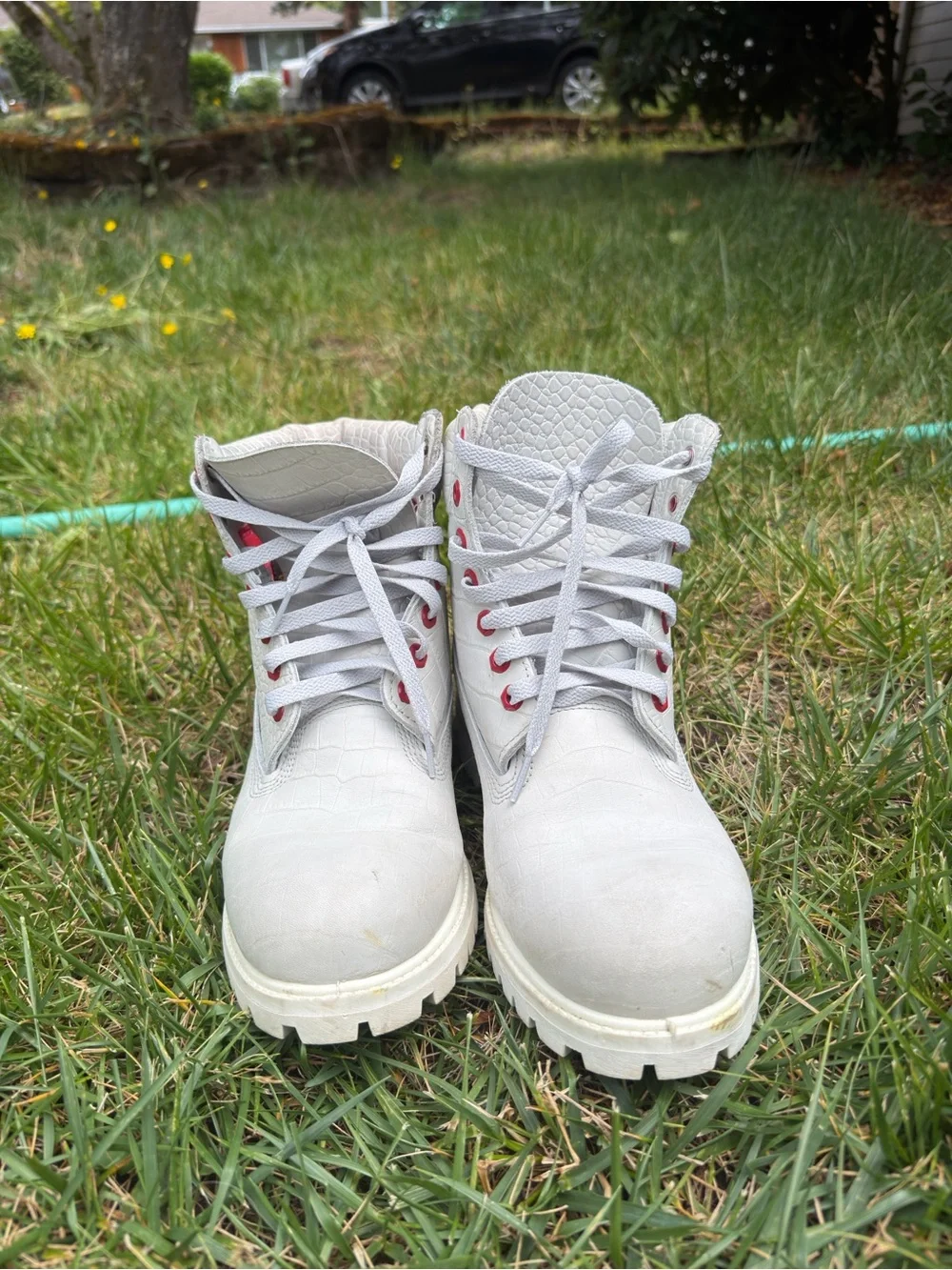 Timberland White Croc-Embossed Lace-Up Boots with Red Eyelets LIMITED EDITION